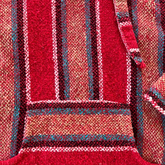 Vintage Mexican Baja Blanket Drug Rug Hoodie Red Blue Surfer Skater Poncho S M - Picture 9 of 11